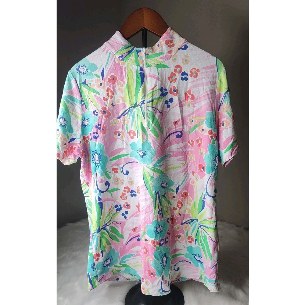 IBKUL Floral Print Short Sleeve Mock Neck Zip Golf Top Women's Size Large